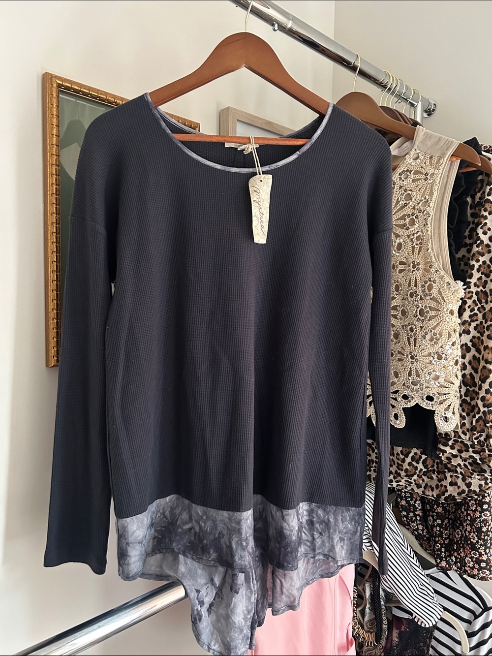 Mystree S gray Long Sleeve waffle knit Top with tie dye back panel